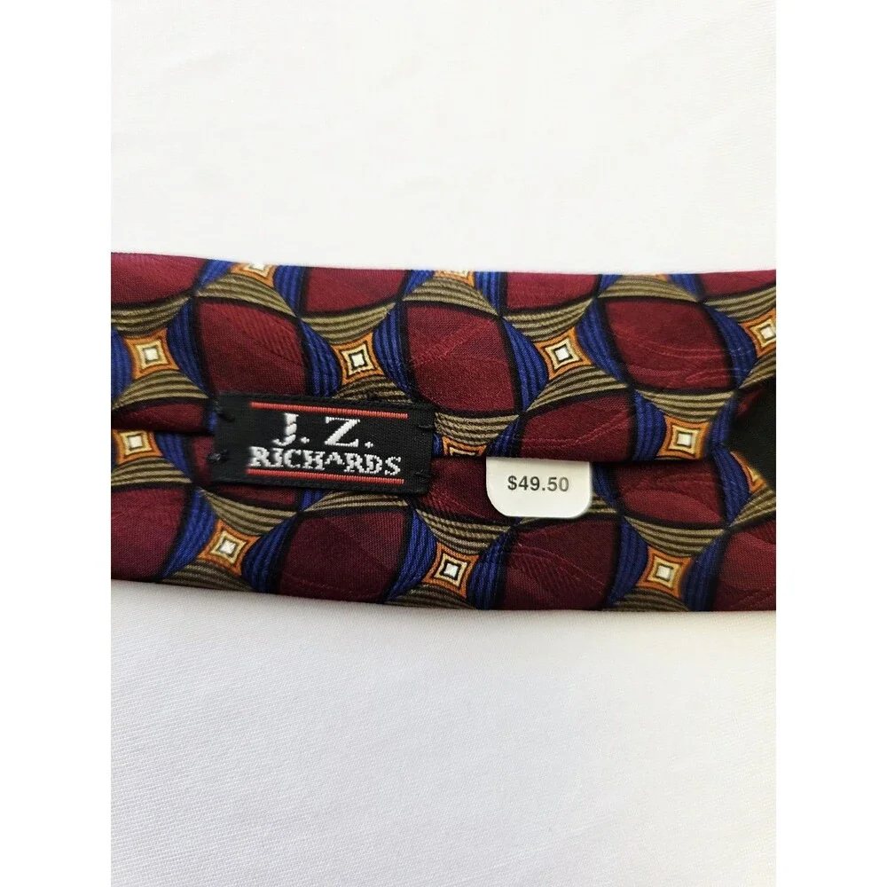 Vintage J.Z. Richards Silk Tie, 1990s Medallion Geometric, Maroon Blue Gold USA